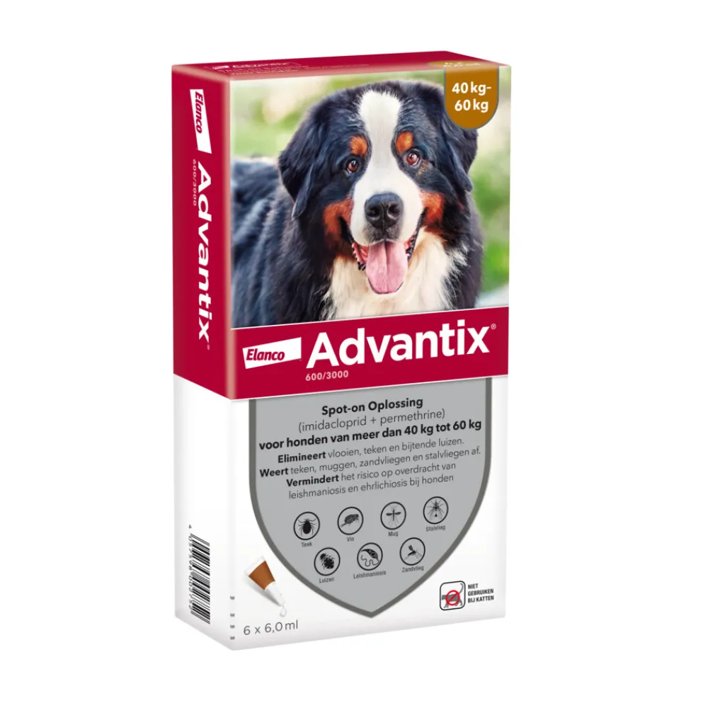 Vlo, Teek & Worm<Advantix Spot On 600 Anti Vlooien en Teken Druppels Hond 40 - 60 kg 6 pipetten