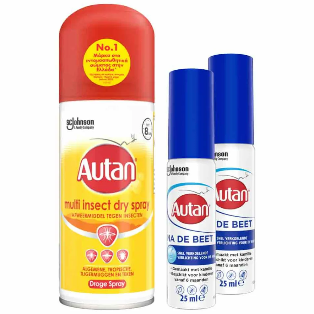 Insectenspray Multi Dry en 2x Na De Beet Gel Pakket^Autan Hot
