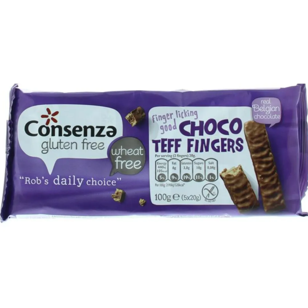 Glutenvrij|Snacks & Tussendoortjes<Consenza Choco Teff Fingers 100 gr
