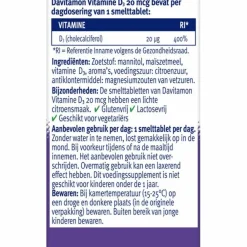 Clearance Vitamine D3 20MCG Hoog Gedoseerd 75 smelttabletten Vitaminen