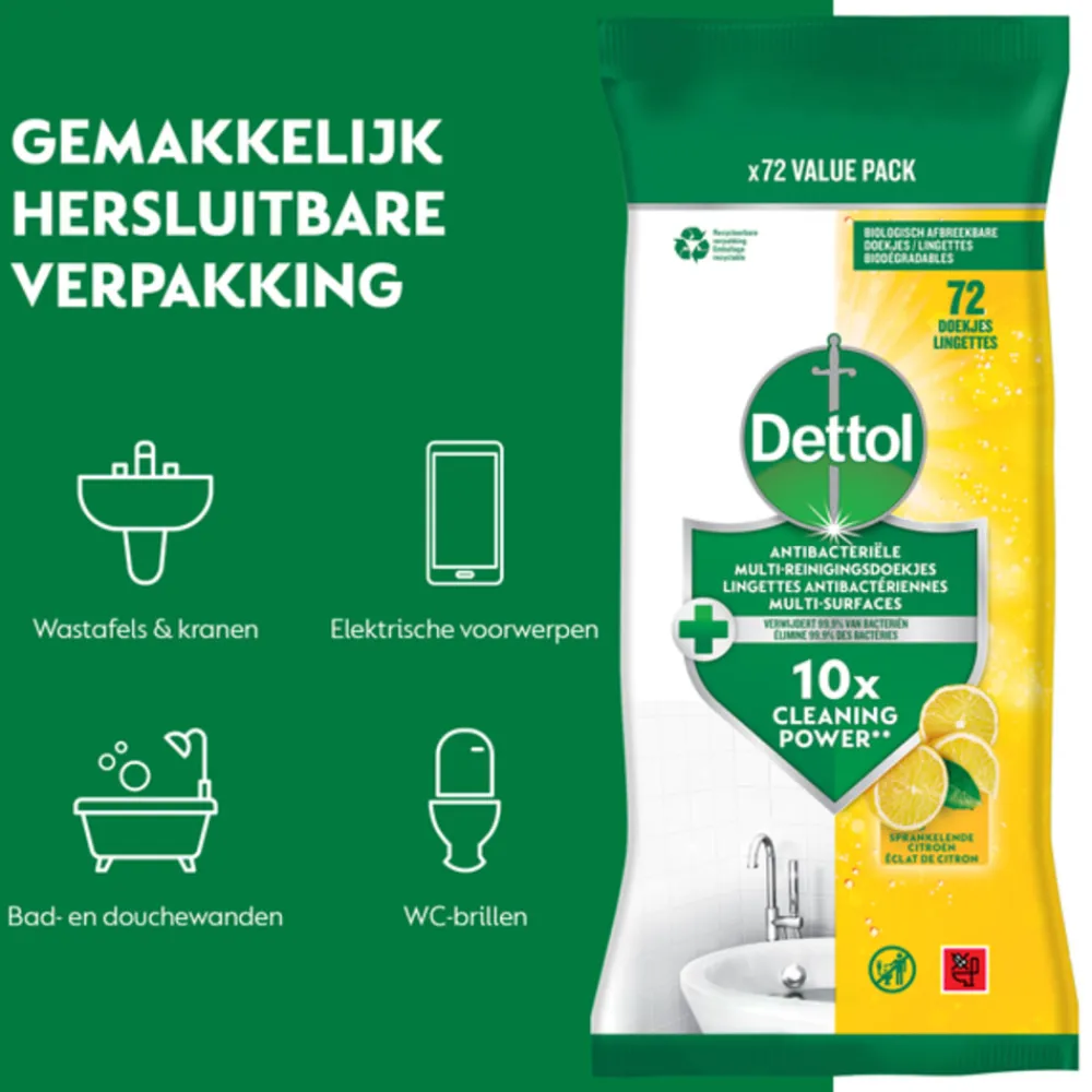 Antibacteriële Reinigingsdoekjes Sprankelende Citroen 72 stuks^Dettol New