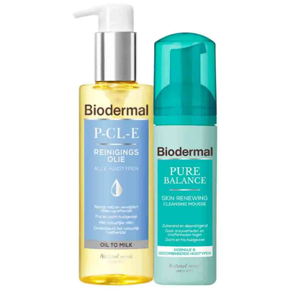 Reiniging<Biodermal Double Cleansing Routine Met P-CL-E Reinigingsolie + Pure Balance Reinigingsmousse Pakket