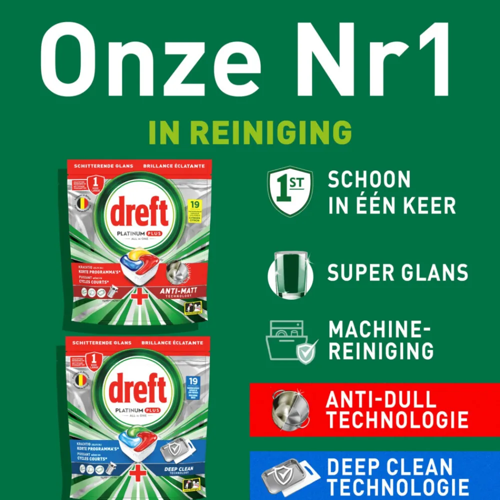 Machineafwas<Dreft Vaatwastabletten Platinum Plus All In One Deep Clean 19 stuks