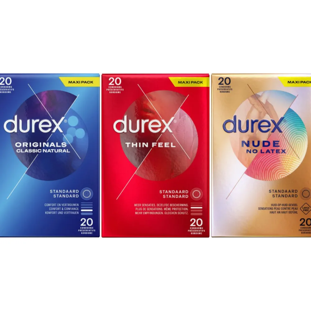 - Classic Natural Condooms 20 stuks, Thin Feel Condooms 20 stuks & Nude No Latex 20 stuks - Pakket^Durex Best