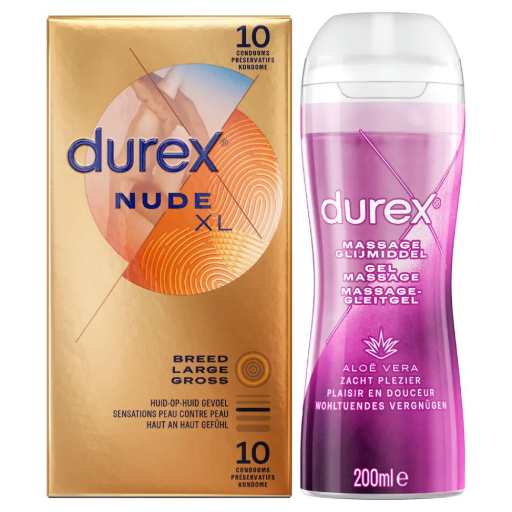Intieme Hulpmiddelen<Durex - Nude XL Condooms 10 stuks & Play Massage Gel 2 in 1 Aloë Vera 200 ml - Pakket