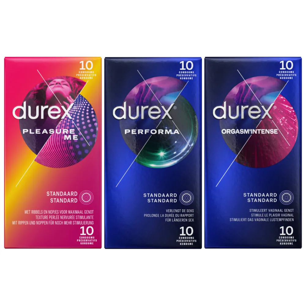 - Pleasure Me Condooms 10 stuks, Orgasm Intense Condooms 10 stuks & Performa Condooms10 stuks - Pakket^Durex Discount