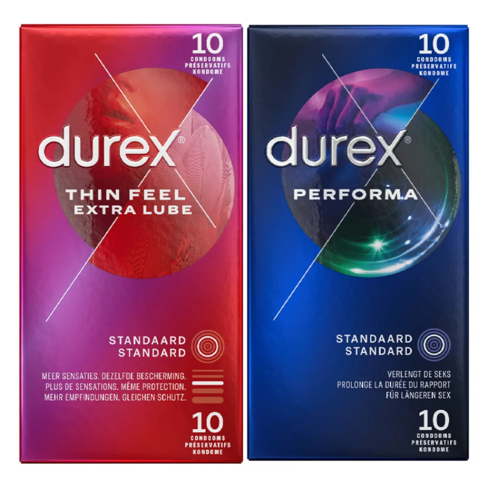 - Thin Feel Extra Lube Condooms 10 stuks & Performa Condooms 10 stuks - Pakket^Durex New