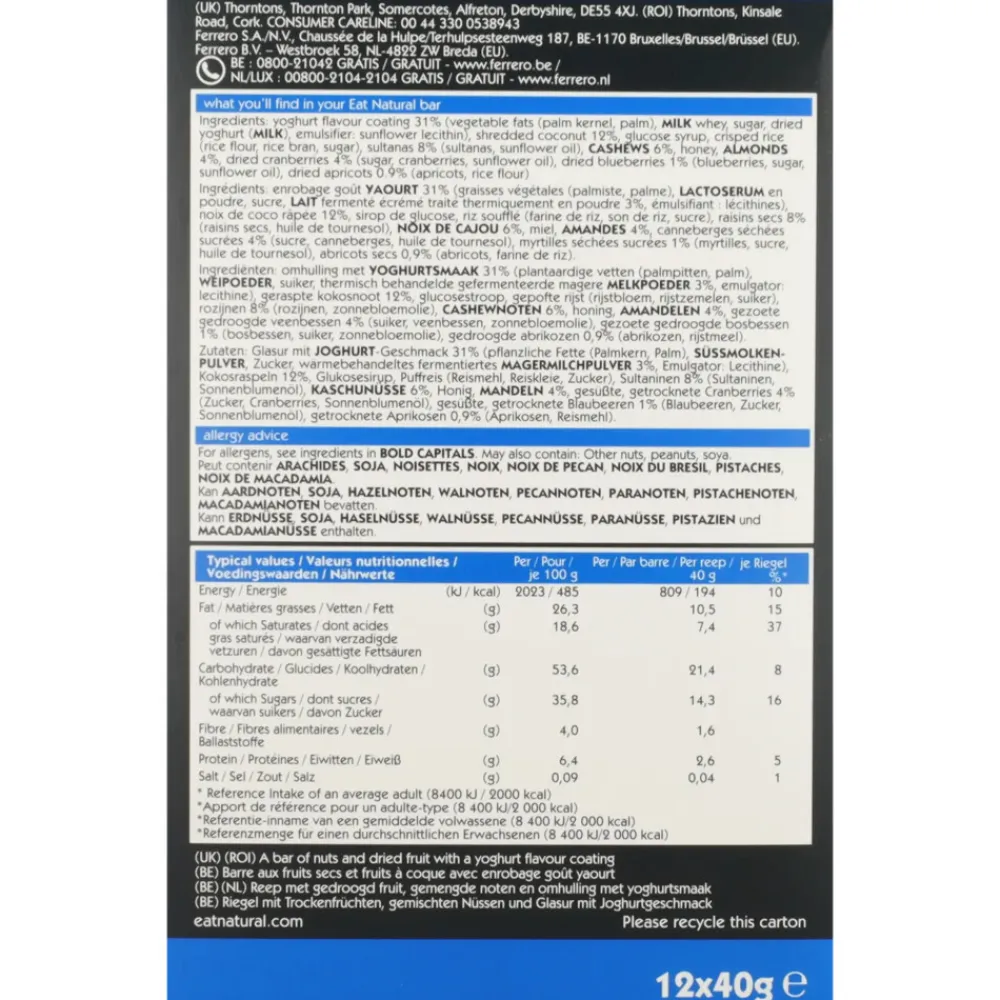 Snacks|Glutenvrij<Eat natural Fruit & Noten Bar Yoghurtlaagje Cashew & Blueberry 12 x 45 gr