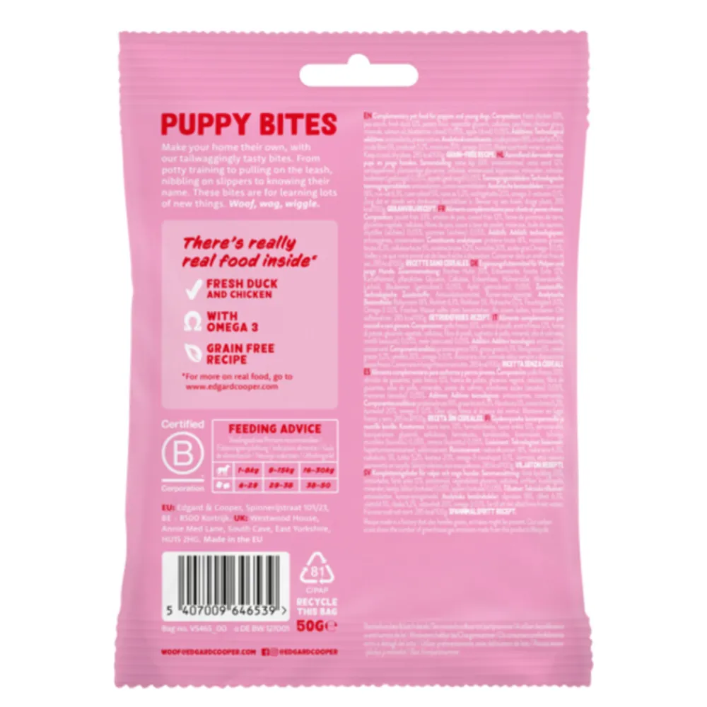 Snacks<Edgard & Cooper Puppy Bite S Eend & Kip 50 gr