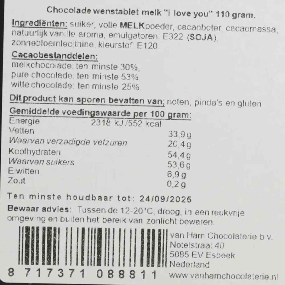 Chocolade<Gijsbert Van Abeele Chocolade Tablet Melk I Love You 110 gr
