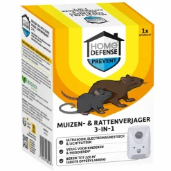 Muizen- en Rattenverjager 220 m2 Ultrasoon, Elektromagnetisch en Lichtflitsen^Home Defense Online