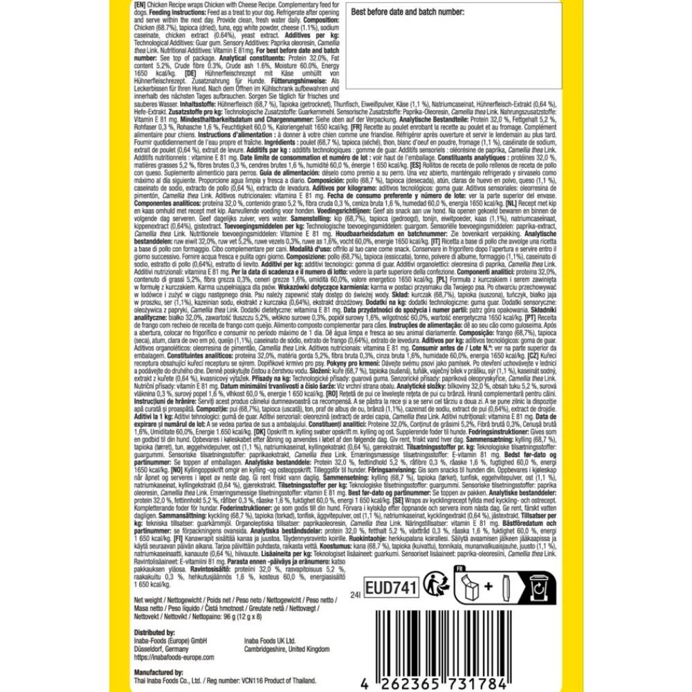 Snacks<Inaba Churu Fun Bites Wraps Hondensnack Multipack Chicken & Cheese 8 x 12 gr