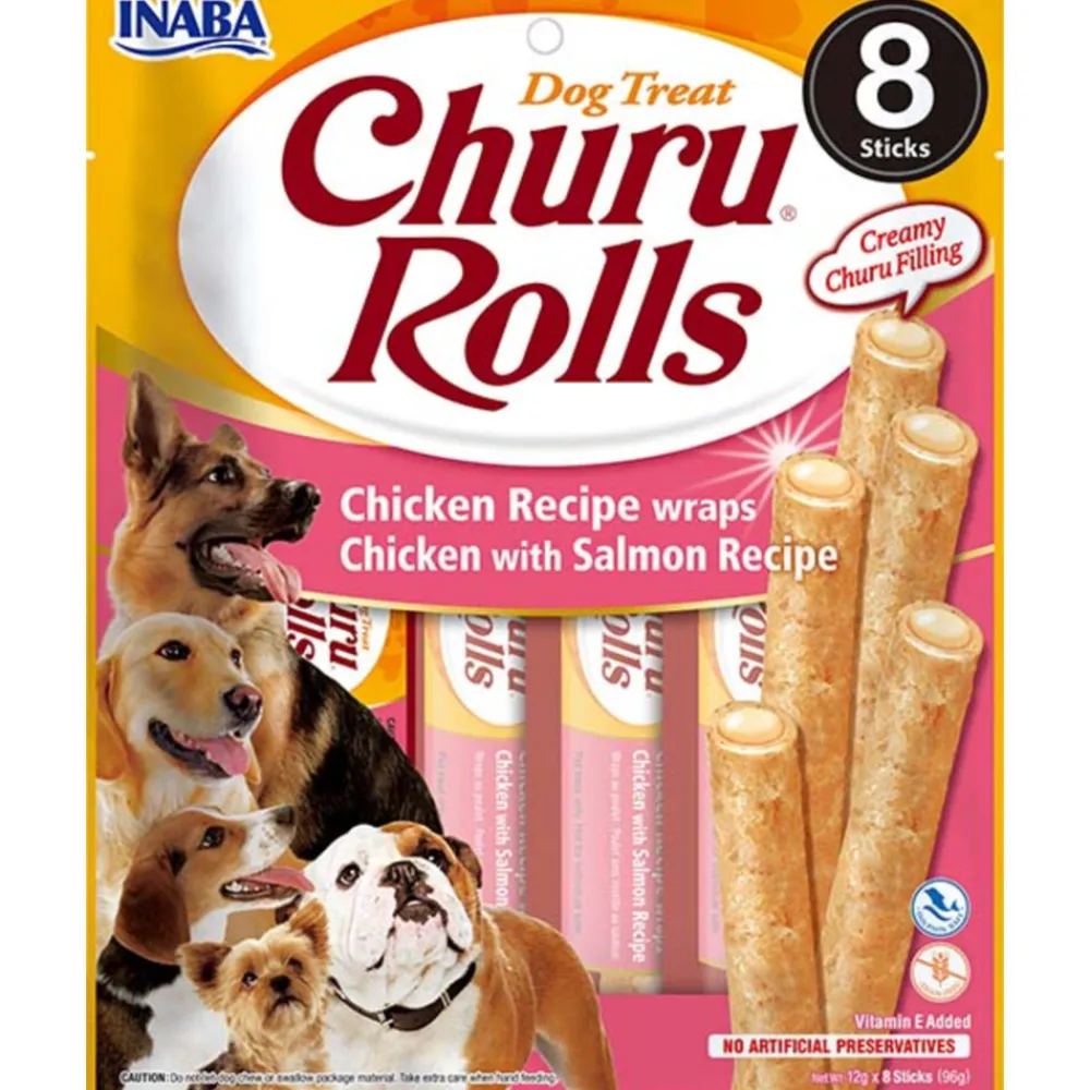Snacks<Inaba Churu Hondensnacks Rolls Chicken & Salmon Wraps 8 x 20 gr