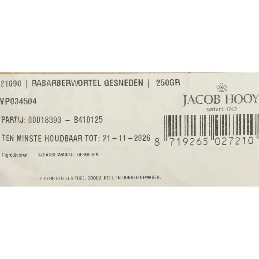 Rabarber Wortel Gesneden 250 gr^Jacob Hooy Best