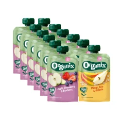 Baby & Peutervoeding<Organix Knijpfruitpakket 6+m - Mango Peer & Granola 6x 100 gr & Appel Aardbei & Blauwe Bes 6x 100 gr - Pakket