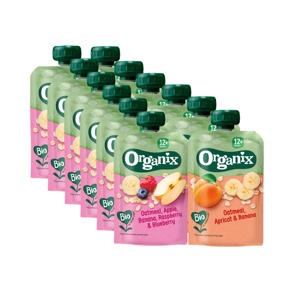 Knijpfruitpakket 12+m Haver - Havermout Abrikoos & Banaan 6x 100 gr & Havermout Appel Banaan Framboos & Bosbes 6x 100 gr - Pakket Pakket^Organix Sale