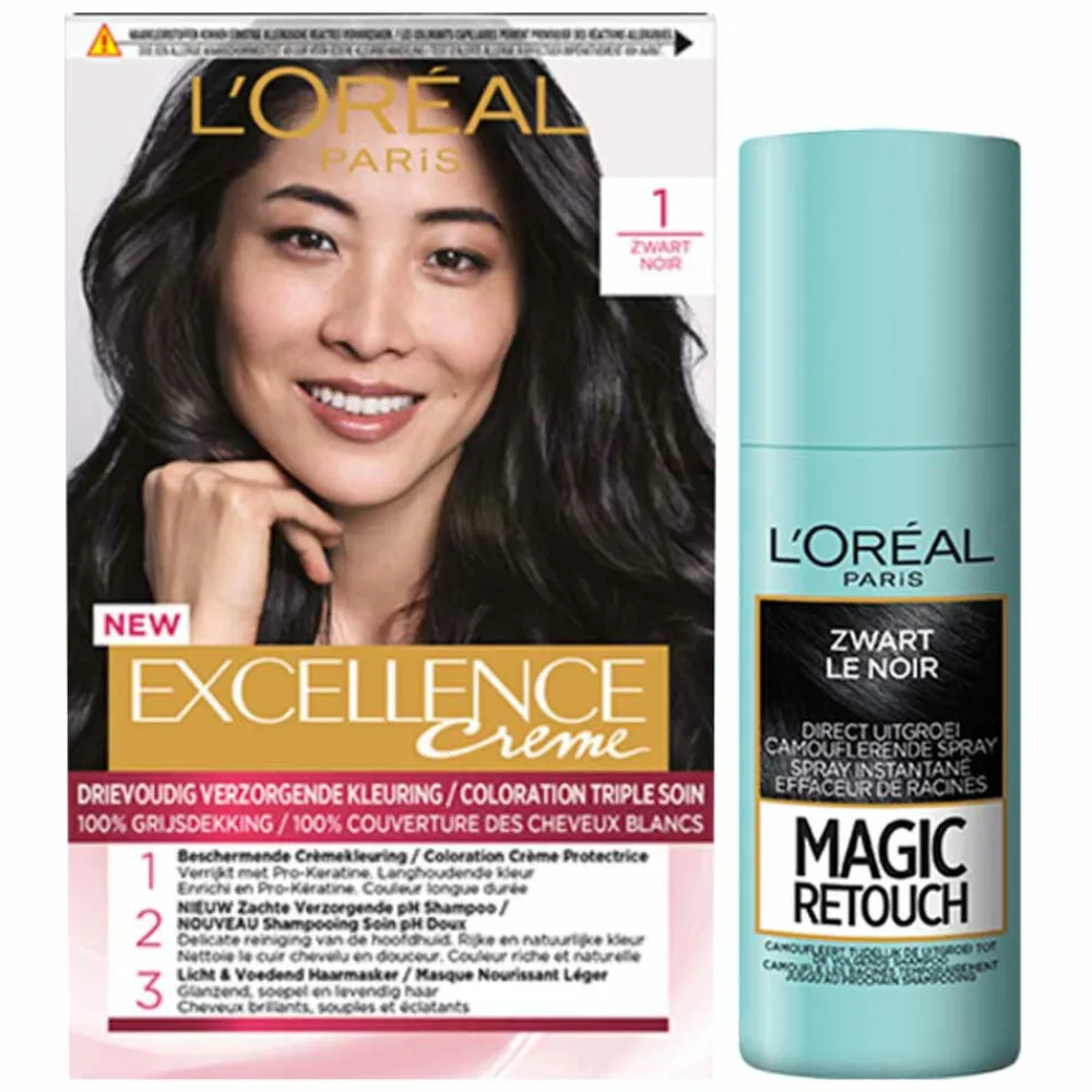 Hot L'Oréal Excellence Creme 1 Zwart + Magic Retouch Uitgroeispray Zwart 75 ml Pakket Haarkleuring