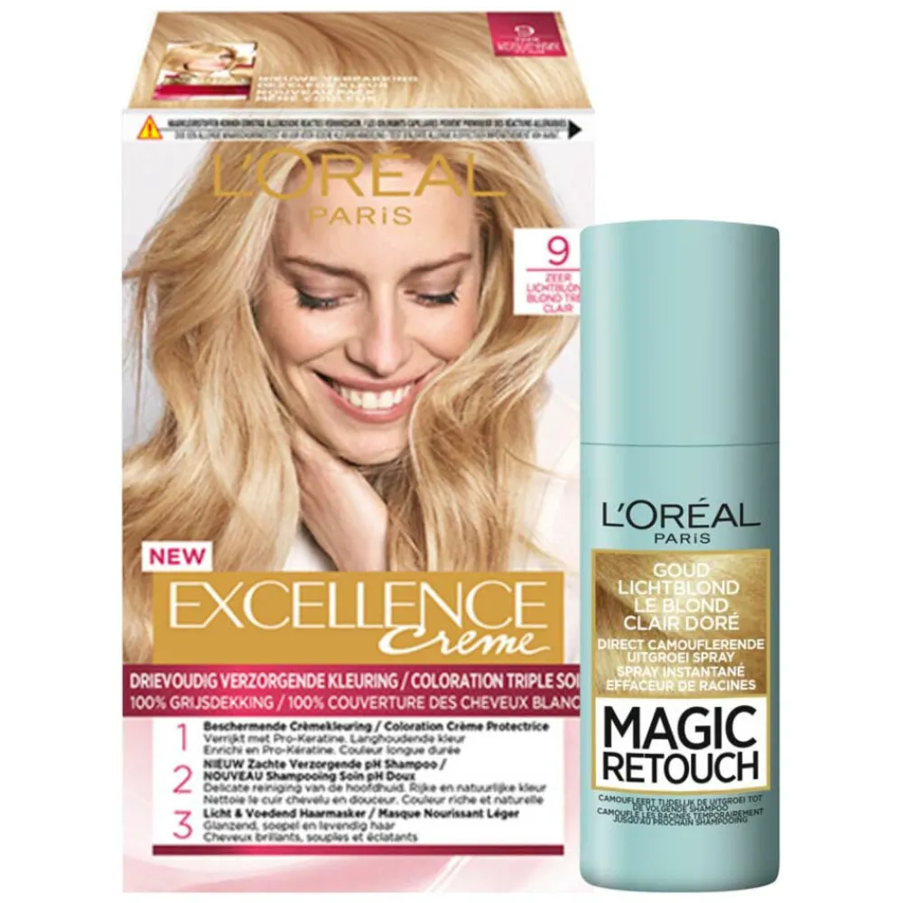L'Oréal Excellence Creme 9 Zeer Licht Blond + Magic Retouch Uitgroeispray Blond 75 ml Pakket^LOréal New