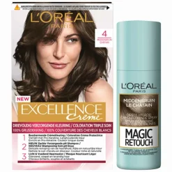 Clearance L'Oréal Excellence Creme Haarverf 4 Middenbruin + Magic Retouch Uitgroeispray Middenbruin 75 ml Pakket Haarkleuring