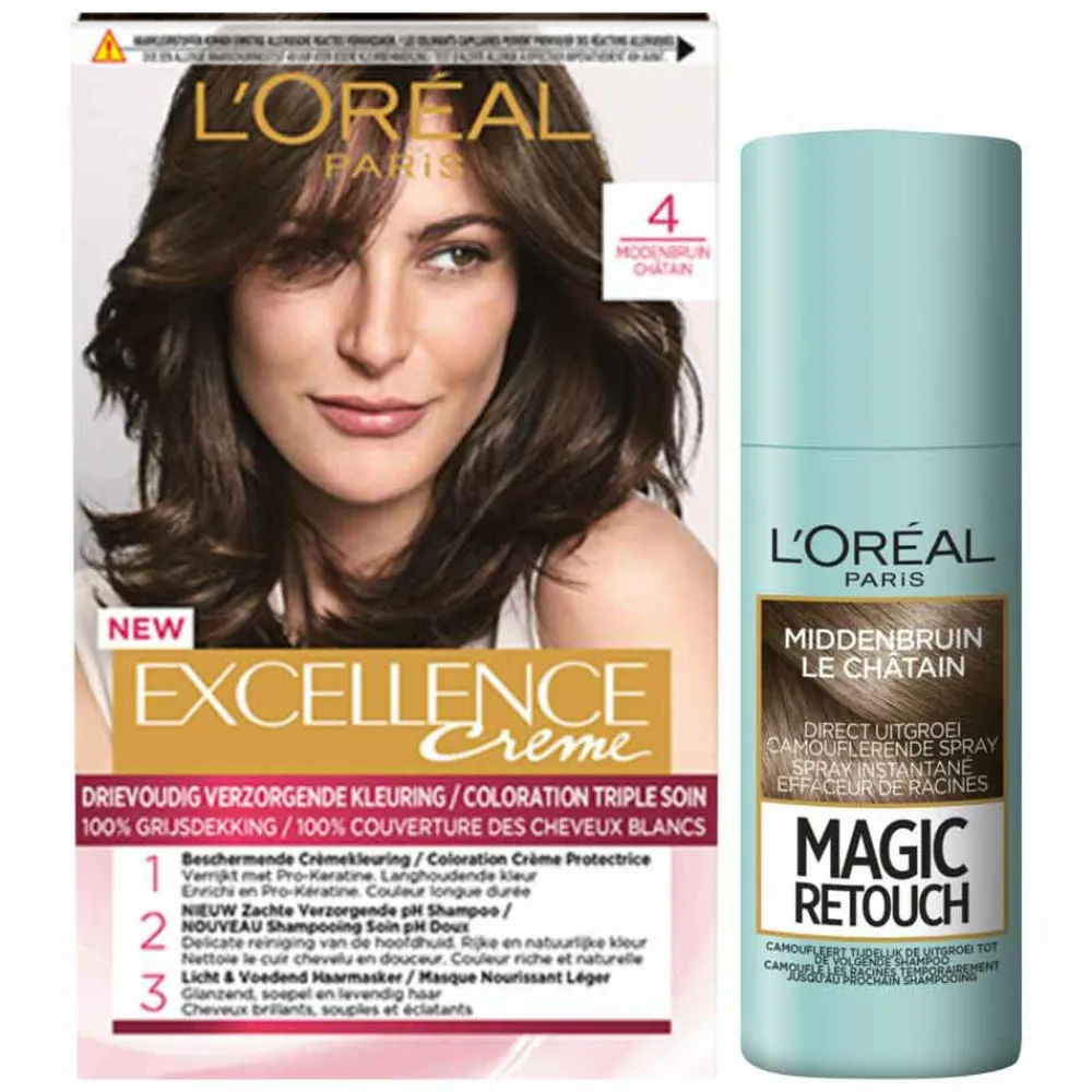 Clearance L'Oréal Excellence Creme Haarverf 4 Middenbruin + Magic Retouch Uitgroeispray Middenbruin 75 ml Pakket Haarkleuring