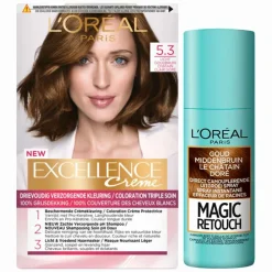 Best L'Oréal Excellence Creme Haarverf 5.3 Licht Goudbruin + Magic Retouch Uitgroeispray Goud Middenbruin 75 ml Pakket Haarkleuring