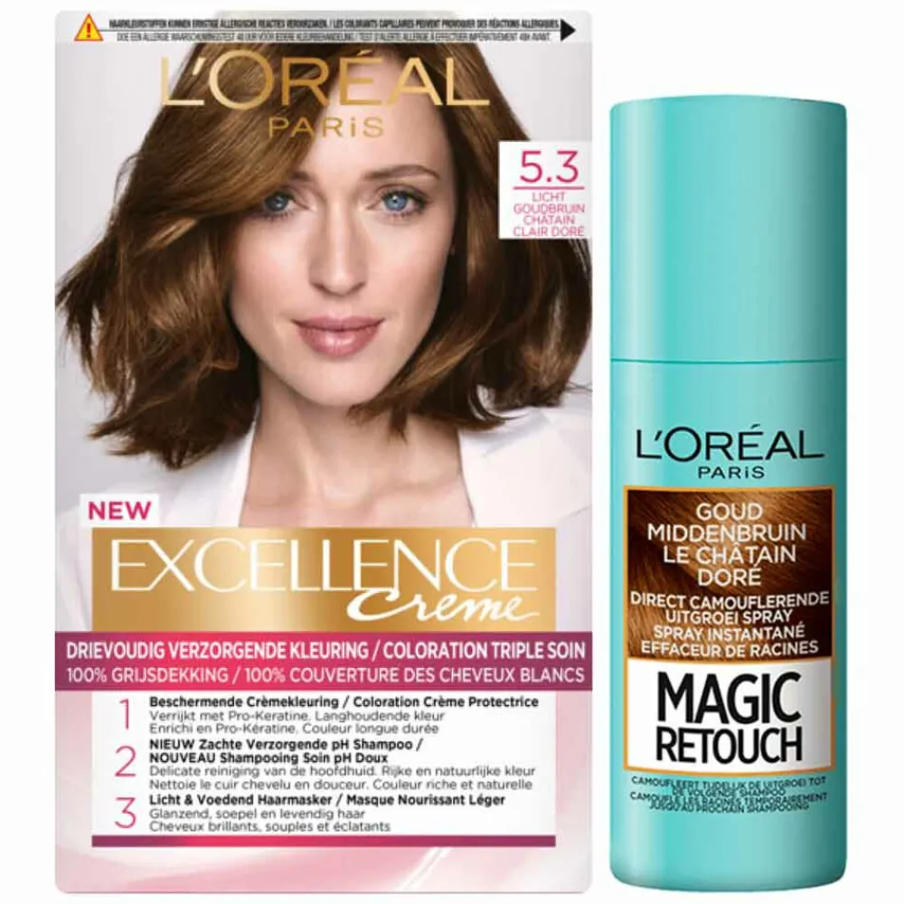 Best L'Oréal Excellence Creme Haarverf 5.3 Licht Goudbruin + Magic Retouch Uitgroeispray Goud Middenbruin 75 ml Pakket Haarkleuring