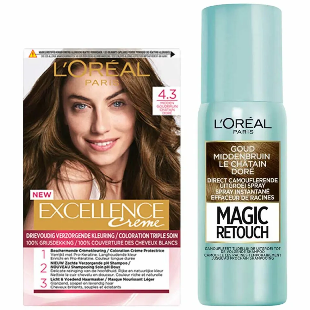 L'Oréal Excellence Creme Midden Goudbruin + Uitgroeispray Pakket^LOréal Clearance