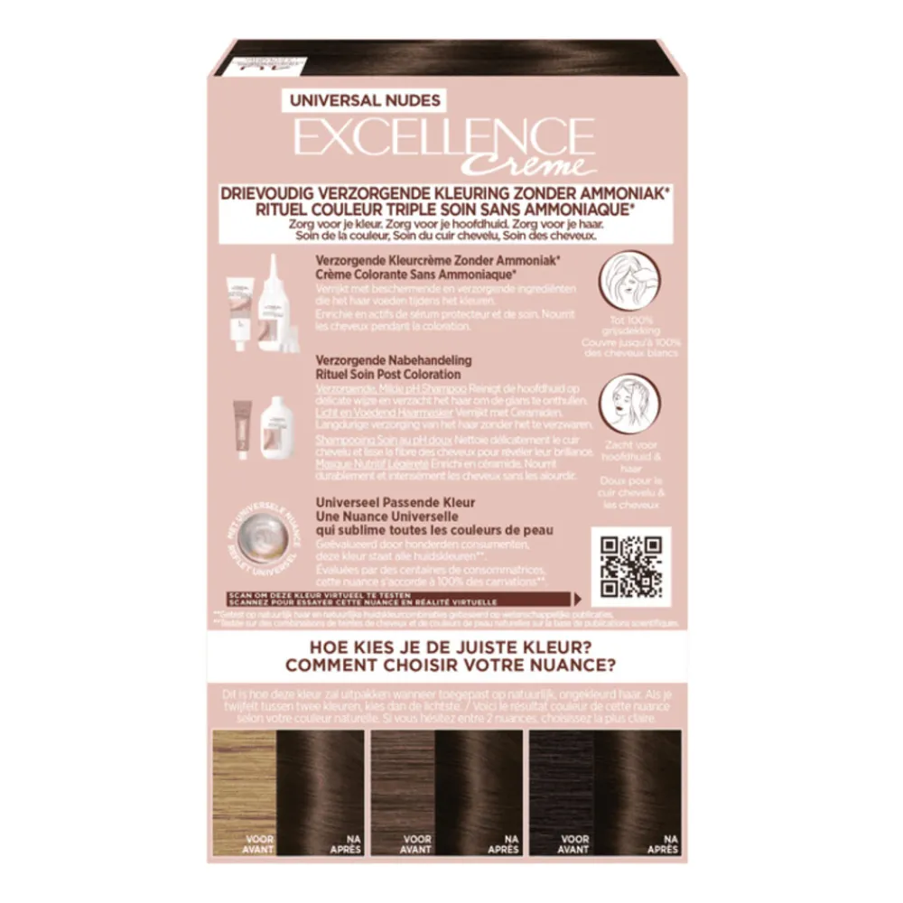 Haarkleuring<LOréal L'Oréal Excellence Crème Universal Nudes Permanente Haarkleuring 4U Universeel Middenbruin