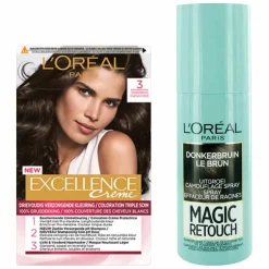 Haarkleuring<LOréal L'Oréal Excellence Crèmekleuring 3 Donkerbruin 1x & Magic Retouch Uitgroeispray Bruin 1x 75 ml Pakket