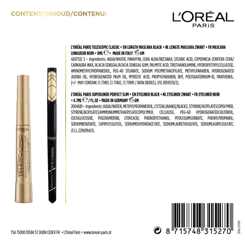 Sale L'Oréal Geschenkset Telescopic Classic Mascara & Superliner Perfect Slim Zwart 2 stuks Geschenksets|Eyeliner