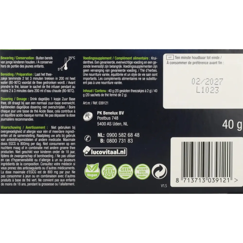 Thee<Lucovitaal Thee Zuur Base 20 stuks