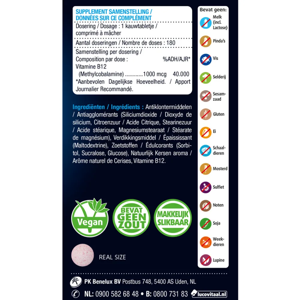 Vitaminen<Lucovitaal Vitamine B12 1000mcg 180 kauwtabletten