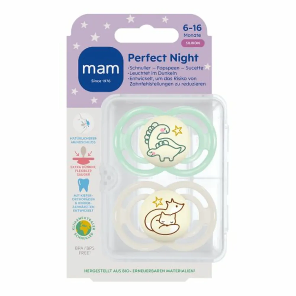 Flessen & Spenen<MAM Fopspeen Perfect Night Silikon 6-16 mnd Universeel 2 stuks