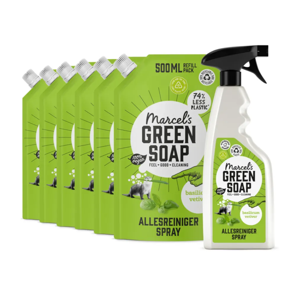 Marcel's Green Soap Allesreiniger Spray Basilicum & Vertivert Gras + 6 Navullingen Pakket^Marcels Green Soap Sale