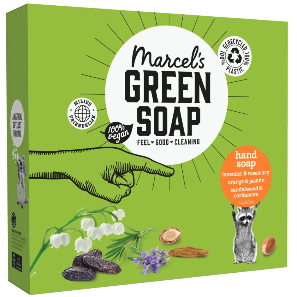 Discount Marcel's Green Soap Handzeep Sin & Jas 250 ml + Lav & Roz 250 ml + Sand & Kord250 ml 1 geschenkset Geschenksets