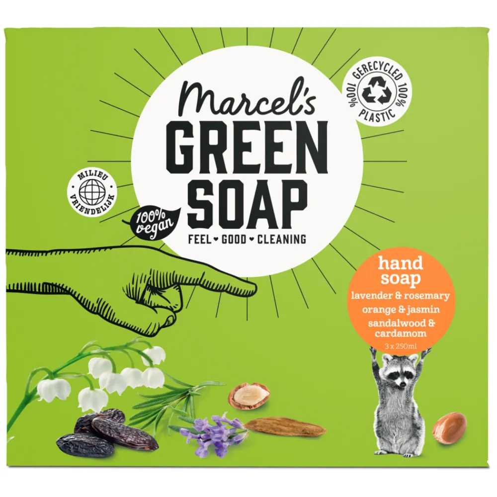 Discount Marcel's Green Soap Handzeep Sin & Jas 250 ml + Lav & Roz 250 ml + Sand & Kord250 ml 1 geschenkset Geschenksets