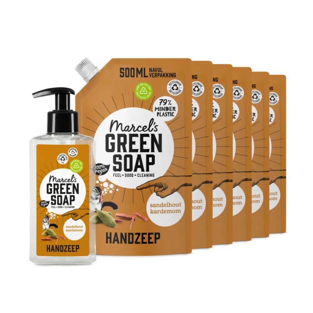 Marcel's Green Soap Handzeep Sandelhout & Kardemom 250 ml + 6 Navullingen Pakket^Marcels Green Soap Best