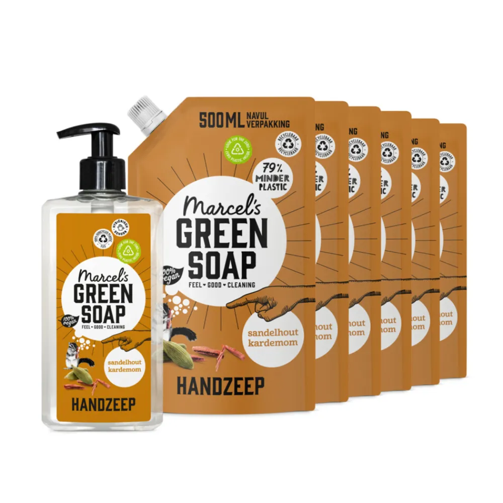 Marcel's Green Soap Handzeep Sandelhout & Kardemom 500 ml + 6 Navullingen Pakket^Marcels Green Soap New