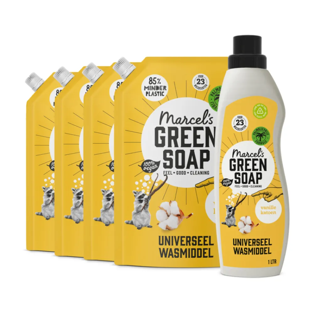 Marcel's Green Soap Wasmiddel Katoen & Vanille 23 Wasbeurten + 4 Navullingen Pakket^Marcels Green Soap