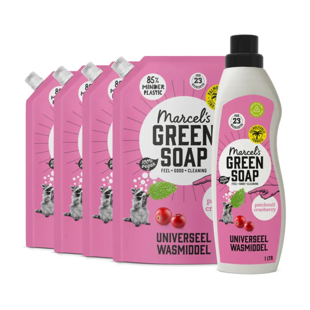 Wasmiddel<Marcels Green Soap Marcel's Green Soap Wasmiddel Patchouli & Cranberry 23 Wasbeurten + 4 Navullingen Pakket