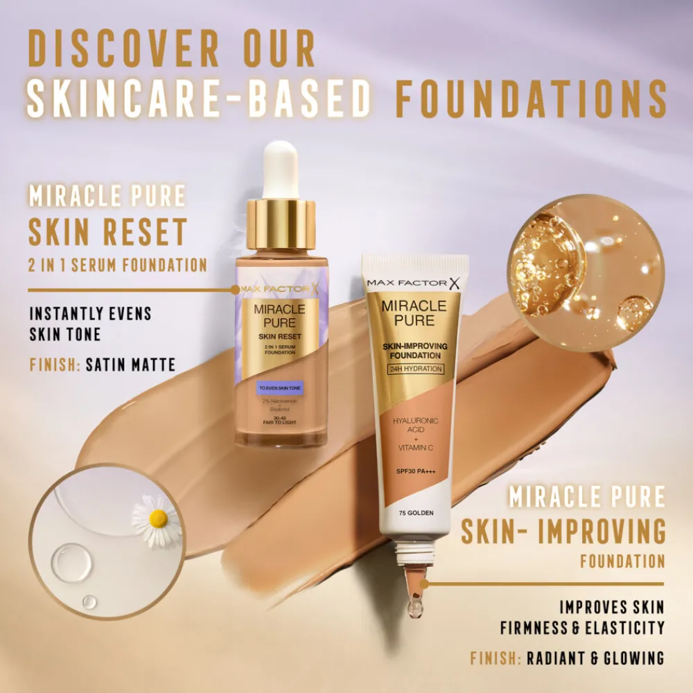 Foundation<Max Factor Miracle Pure 2in1 Skin Reset Serum Foundation Medium to Deep 30 ml