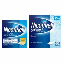 Combinatie therapie: Pleister 21 mg 14 st + Kauwgom Cool Mint 2 mg 204 st Pakket^Nicotinell Sale