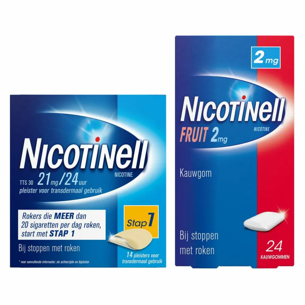 Combinatie therapie: Pleister 21 mg 14 st + Kauwgom Fruit 2mg 24 st Pakket^Nicotinell