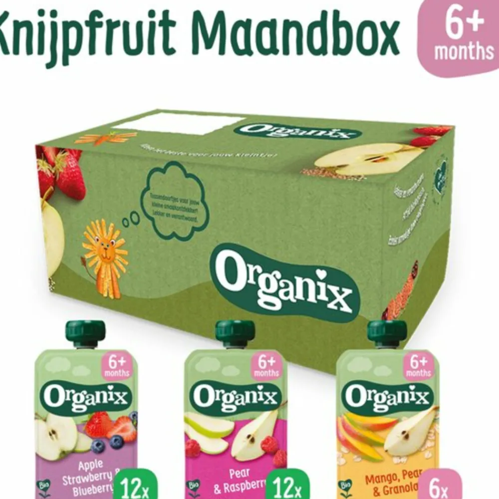 Discount Knijpfruit Maandbox 6+ mnd - Appel Aardbei & Blauwe Bes 12 x 100 gr + Peer & Framboos 12 x 100 gr + Mango Peer & Granola 6 x 100 gr Pakket Baby & Peutervoeding