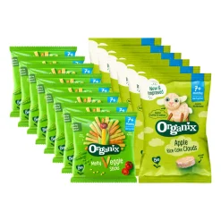 Baby & Peutervoeding<Organix Snack pakket 7+m - Luchtige Rijstwafeltjes Appel 6x 40 gr & Knabbels Groentesticks 8x 15 gr - Pakket