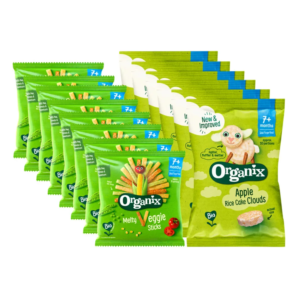 Baby & Peutervoeding<Organix Snack pakket 7+m - Luchtige Rijstwafeltjes Appel 6x 40 gr & Knabbels Groentesticks 8x 15 gr - Pakket
