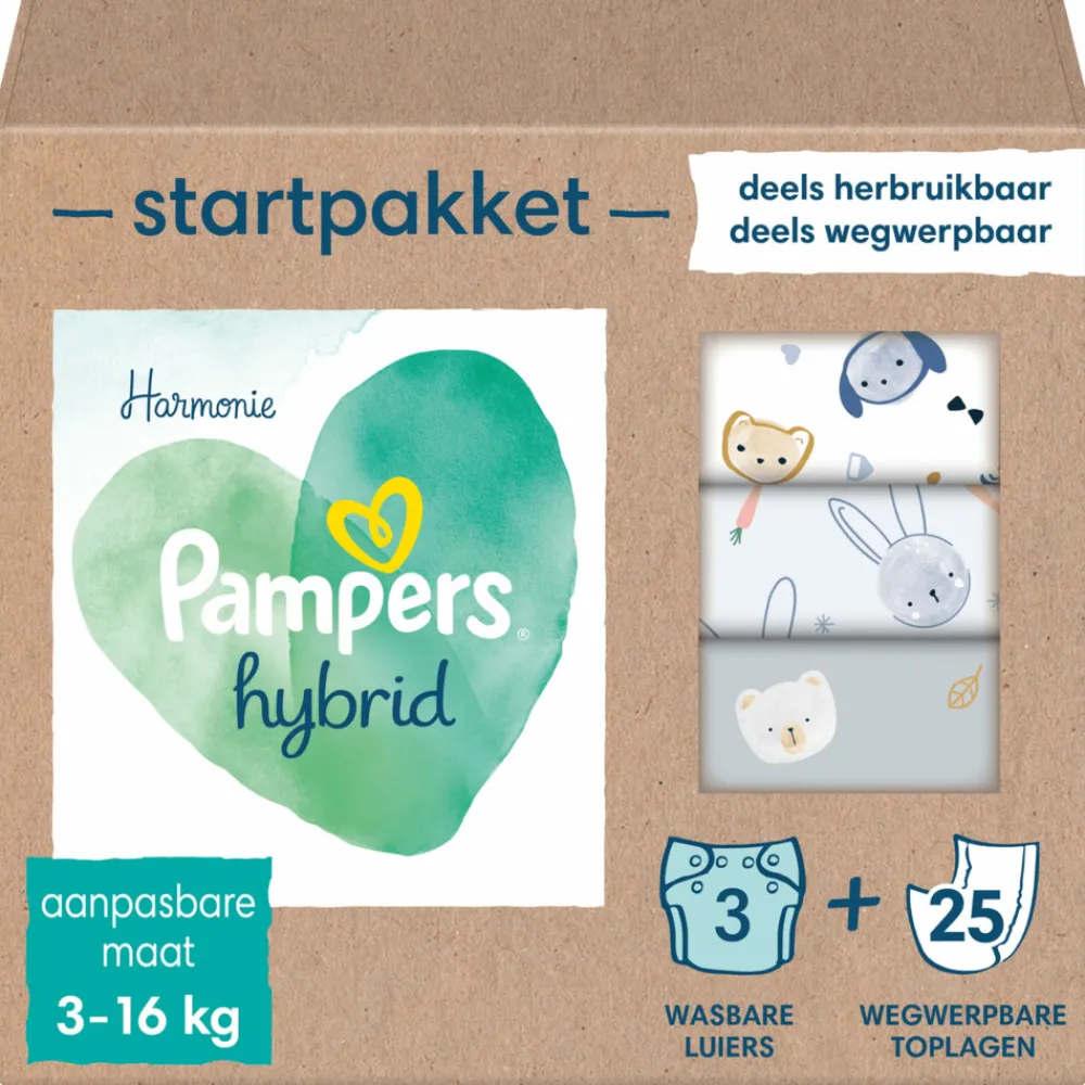 Luiers<Pampers Harmonie Hybrid Starterspakket met 3 Wasbare Luiers en 25 Toplagen 1 set