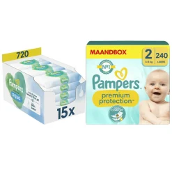 Babydoekjes|Luiers<Pampers Premium Protection Luiers Maat 2 en Harmonie Aqua Billendoekjes 720 stuks Pakket