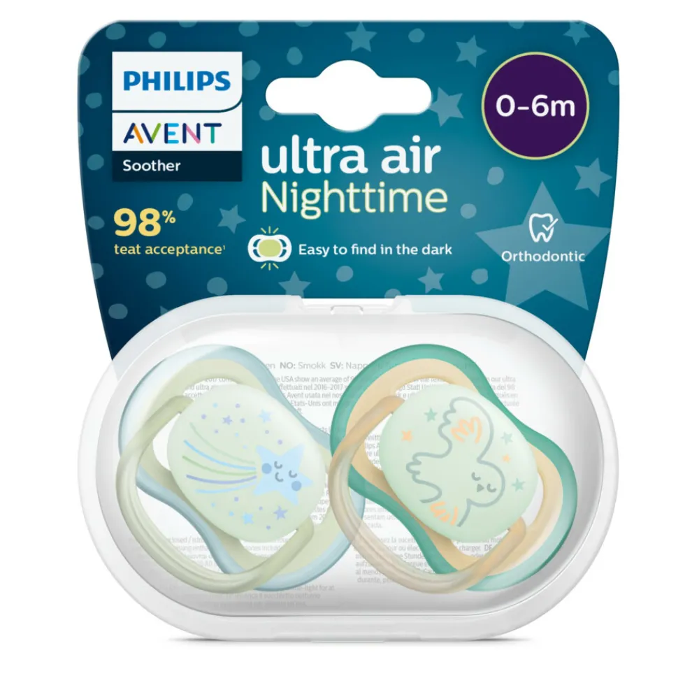Discount Fopspeen Ultra Air Nighttime 0-6 mnd Ster Uil 2 stuks Flessen & Spenen