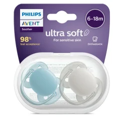 Flessen & Spenen<Philips Avent Fopspeen Ultra Soft 6-18 mnd Blauw Grijs 2 stuks
